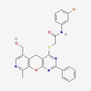 molecular formula C26H21BrN4O3S B2561802 N-(3-bromophenyl)-2-{[11-(hydroxymethyl)-14-methyl-5-phenyl-2-oxa-4,6,13-triazatricyclo[8.4.0.0^{3,8}]tetradeca-1(10),3(8),4,6,11,13-hexaen-7-yl]sulfanyl}acetamide CAS No. 892379-04-3