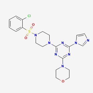 molecular formula C20H23ClN8O3S B2561818 4-(4-(4-((2-chlorophenyl)sulfonyl)piperazin-1-yl)-6-(1H-imidazol-1-yl)-1,3,5-triazin-2-yl)morpholine CAS No. 1203069-86-6