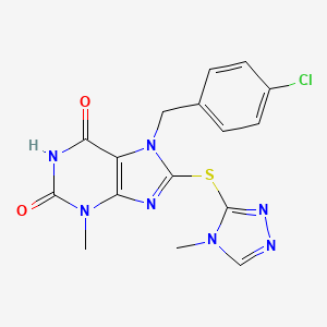 molecular formula C16H14ClN7O2S B2561822 7-[(4-Chlorophenyl)methyl]-3-methyl-8-[(4-methyl-1,2,4-triazol-3-yl)sulfanyl]purine-2,6-dione CAS No. 674356-43-5
