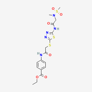 molecular formula C17H21N5O6S3 B2561935 苯甲酸乙酯-4-(2-((5-(2-(N-甲基甲基磺酰胺)乙酰氨基)-1,3,4-噻二唑-2-基)硫代)乙酰氨基)苯甲酸酯 CAS No. 1351644-13-7