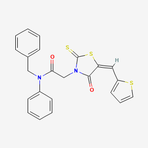 molecular formula C23H18N2O2S3 B2562031 (E)-N-benzyl-2-(4-oxo-5-(thiophen-2-ylmethylene)-2-thioxothiazolidin-3-yl)-N-phenylacetamide CAS No. 637317-89-6