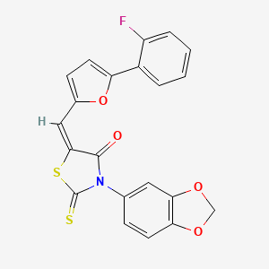 molecular formula C21H12FNO4S2 B2562071 (E)-3-(benzo[d][1,3]dioxol-5-yl)-5-((5-(2-fluorophenyl)furan-2-yl)methylene)-2-thioxothiazolidin-4-one CAS No. 900134-88-5