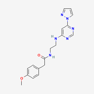 molecular formula C18H20N6O2 B2562190 N-(2-((6-(1H-吡唑-1-基)嘧啶-4-基)氨基)乙基)-2-(4-甲氧基苯基)乙酰胺 CAS No. 1203283-26-4