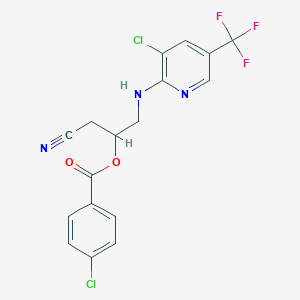 B2562225 2-{[3-Chloro-5-(trifluoromethyl)-2-pyridinyl]amino}-1-(cyanomethyl)ethyl 4-chlorobenzenecarboxylate CAS No. 338968-33-5
