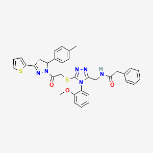 molecular formula C34H32N6O3S2 B2562230 N-((4-(2-methoxyphenyl)-5-((2-oxo-2-(3-(thiophen-2-yl)-5-(p-tolyl)-4,5-dihydro-1H-pyrazol-1-yl)ethyl)thio)-4H-1,2,4-triazol-3-yl)methyl)-2-phenylacetamide CAS No. 393584-96-8