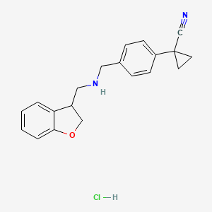 molecular formula C20H21ClN2O B2562241 1-[4-[(2,3-Dihydro-1-benzofuran-3-ylmethylamino)methyl]phenyl]cyclopropane-1-carbonitrile;hydrochloride CAS No. 2418692-78-9