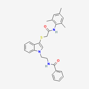 molecular formula C28H29N3O2S B2562355 N-(2-(3-((2-(mesitylamino)-2-oxoethyl)thio)-1H-indol-1-yl)ethyl)benzamide CAS No. 862826-45-7
