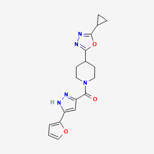 molecular formula C18H19N5O3 B2562623 (4-(5-cyclopropyl-1,3,4-oxadiazol-2-yl)piperidin-1-yl)(3-(furan-2-yl)-1H-pyrazol-5-yl)methanone CAS No. 1305342-06-6