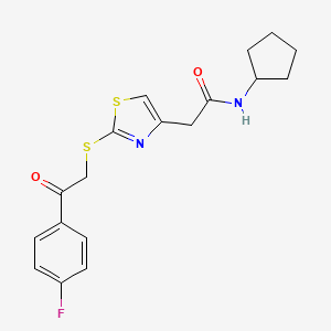 molecular formula C18H19FN2O2S2 B2562785 N-cyclopentyl-2-(2-((2-(4-fluorophenyl)-2-oxoethyl)thio)thiazol-4-yl)acetamide CAS No. 1020979-94-5
