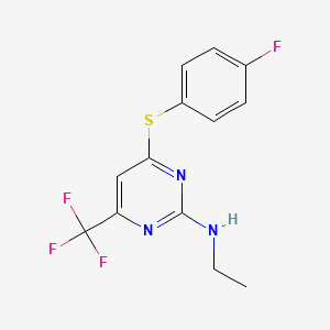 molecular formula C13H11F4N3S B2562836 N-ethyl-4-[(4-fluorophenyl)sulfanyl]-6-(trifluoromethyl)-2-pyrimidinamine CAS No. 339011-02-8