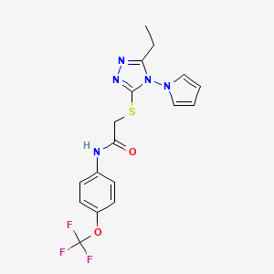 molecular formula C17H16F3N5O2S B2562884 2-{[5-エチル-4-(1H-ピロール-1-イル)-4H-1,2,4-トリアゾール-3-イル]スルファニル}-N-[4-(トリフルオロメトキシ)フェニル]アセトアミド CAS No. 896293-80-4