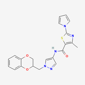 molecular formula C21H19N5O3S B2562885 N-(1-((2,3-dihydrobenzo[b][1,4]dioxin-2-yl)methyl)-1H-pyrazol-4-yl)-4-methyl-2-(1H-pyrrol-1-yl)thiazole-5-carboxamide CAS No. 1795299-40-9