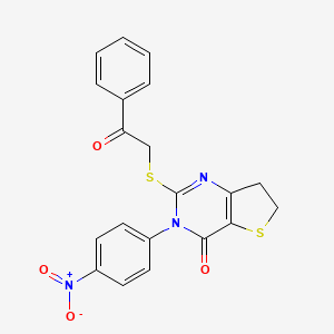 molecular formula C20H15N3O4S2 B2563017 3-(4-Nitrophenyl)-2-phenacylsulfanyl-6,7-dihydrothieno[3,2-d]pyrimidin-4-one CAS No. 850916-04-0