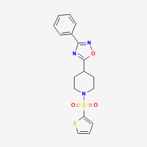 molecular formula C17H17N3O3S2 B2563098 4-(3-Phenyl-1,2,4-oxadiazol-5-yl)-1-(2-thienylsulfonyl)piperidine CAS No. 946370-10-1