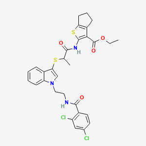 molecular formula C30H29Cl2N3O4S2 B2563099 ethyl 2-[2-[1-[2-[(2,4-dichlorobenzoyl)amino]ethyl]indol-3-yl]sulfanylpropanoylamino]-5,6-dihydro-4H-cyclopenta[b]thiophene-3-carboxylate CAS No. 532975-67-0
