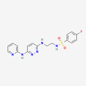 molecular formula C17H17FN6O2S B2563101 4-フルオロ-N-(2-((6-(ピリジン-2-イルアミノ)ピリダジン-3-イル)アミノ)エチル)ベンゼンスルホンアミド CAS No. 1021038-73-2