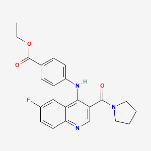 molecular formula C23H22FN3O3 B2563138 Ethyl 4-((6-fluoro-3-(pyrrolidine-1-carbonyl)quinolin-4-yl)amino)benzoate CAS No. 1358236-79-9