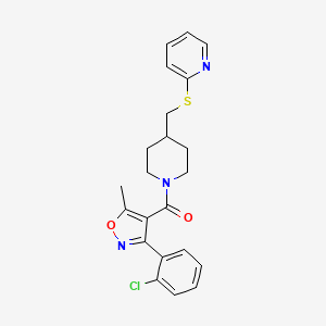 molecular formula C22H22ClN3O2S B2563181 (3-(2-Chlorophenyl)-5-methylisoxazol-4-yl)(4-((pyridin-2-ylthio)methyl)piperidin-1-yl)methanone CAS No. 1421515-37-8