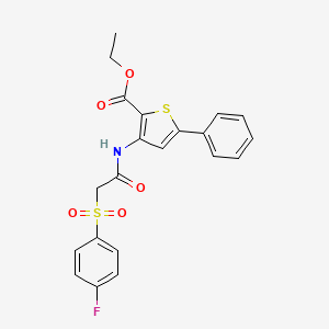 molecular formula C21H18FNO5S2 B2563183 Ethyl 3-(2-((4-fluorophenyl)sulfonyl)acetamido)-5-phenylthiophene-2-carboxylate CAS No. 895474-39-2
