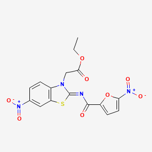 molecular formula C16H12N4O8S B2563224 (Z)-乙基 2-(6-硝基-2-((5-硝基呋喃-2-羰基)亚氨基)苯并[d]噻唑-3(2H)-基)乙酸酯 CAS No. 865247-24-1