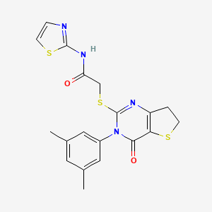 molecular formula C19H18N4O2S3 B2563245 2-((3-(3,5-dimethylphenyl)-4-oxo-3,4,6,7-tetrahydrothieno[3,2-d]pyrimidin-2-yl)thio)-N-(thiazol-2-yl)acetamide CAS No. 877653-89-9