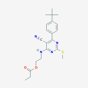 molecular formula C21H26N4O2S B256326 2-{[6-(4-Tert-butylphenyl)-5-cyano-2-(methylsulfanyl)-4-pyrimidinyl]amino}ethyl propionate 