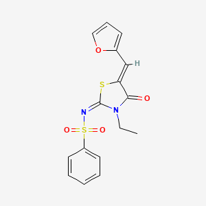 molecular formula C16H14N2O4S2 B2563281 (E)-N-((Z)-3-乙基-5-(呋喃-2-亚甲基)-4-氧代噻唑烷-2-亚甲基)苯磺酰胺 CAS No. 867041-84-7