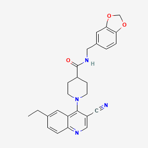 molecular formula C26H26N4O3 B2563478 N-[(2H-1,3-苯并二氧杂环戊烯-5-基)甲基]-1-(3-氰基-6-乙基喹啉-4-基)哌啶-4-甲酰胺 CAS No. 1226450-56-1