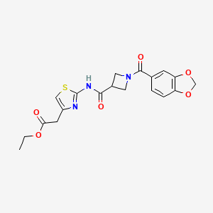 molecular formula C19H19N3O6S B2563501 Ethyl 2-(2-(1-(benzo[d][1,3]dioxole-5-carbonyl)azetidine-3-carboxamido)thiazol-4-yl)acetate CAS No. 1396812-40-0