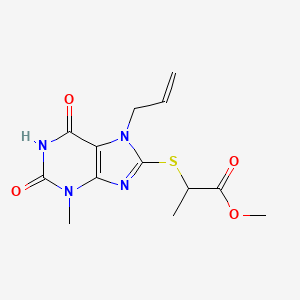 molecular formula C13H16N4O4S B2563534 Methyl 2-(3-methyl-2,6-dioxo-7-prop-2-enylpurin-8-yl)sulfanylpropanoate CAS No. 384368-14-3