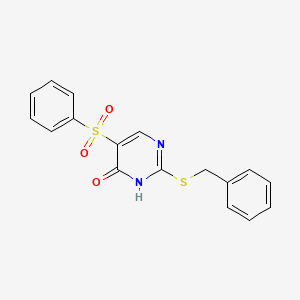 molecular formula C17H14N2O3S2 B2563653 2-(苄硫基)-5-(苯磺酰基)-4-嘧啶醇 CAS No. 341968-28-3