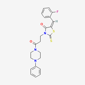 molecular formula C23H22FN3O2S2 B2563680 (5E)-5-[(2-fluorophenyl)methylidene]-3-[3-oxo-3-(4-phenylpiperazin-1-yl)propyl]-2-sulfanylidene-1,3-thiazolidin-4-one CAS No. 477488-43-0