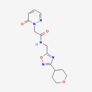 molecular formula C14H17N5O4 B2563796 2-(6-氧代哒嗪-1(6H)-基)-N-((3-(四氢-2H-吡喃-4-基)-1,2,4-恶二唑-5-基)甲基)乙酰胺 CAS No. 2034535-85-6