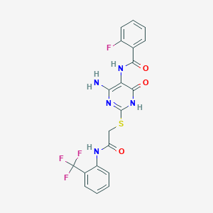 molecular formula C20H15F4N5O3S B2563865 N-(4-amino-6-oxo-2-((2-oxo-2-((2-(trifluoromethyl)phenyl)amino)ethyl)thio)-1,6-dihydropyrimidin-5-yl)-2-fluorobenzamide CAS No. 888423-77-6