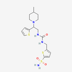 molecular formula C18H26N4O3S3 B2563890 1-[2-(4-甲基哌啶-1-基)-2-(噻吩-2-基)乙基]-3-[(5-磺酰胺基噻吩-2-基)甲基]脲 CAS No. 941384-56-1