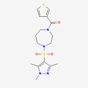 molecular formula C16H22N4O3S2 B2563891 噻吩-3-基(4-((1,3,5-三甲基-1H-吡唑-4-基)磺酰基)-1,4-二氮杂环戊烷-1-基)甲苯酮 CAS No. 1904280-13-2