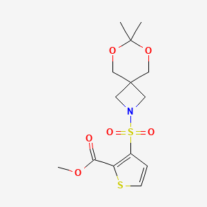 molecular formula C14H19NO6S2 B2563924 3-((7,7-ジメチル-6,8-ジオキサ-2-アザスピロ[3.5]ノナン-2-イル)スルホニル)チオフェン-2-カルボン酸メチル CAS No. 1396685-65-6