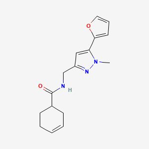 molecular formula C16H19N3O2 B2564046 N-((5-(furan-2-yl)-1-methyl-1H-pyrazol-3-yl)methyl)cyclohex-3-enecarboxamide CAS No. 1421500-34-6