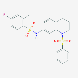 molecular formula C22H21FN2O4S2 B2564109 4-fluoro-2-methyl-N-(1-(phenylsulfonyl)-1,2,3,4-tetrahydroquinolin-7-yl)benzenesulfonamide CAS No. 950475-02-2