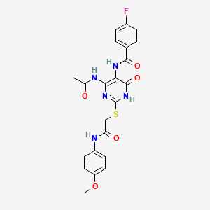 molecular formula C22H20FN5O5S B2564250 N-(4-乙酰氨基-2-((2-((4-甲氧基苯基)氨基)-2-氧代乙基)硫代)-6-氧代-1,6-二氢嘧啶-5-基)-4-氟苯甲酰胺 CAS No. 872608-80-5