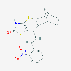 molecular formula C19H18N2O3S2 B256427 9-[(E)-2-(2-nitrophenyl)ethenyl]-3,4a,5,6,7,8,8a,9-octahydro-2H-5,8-methanothiochromeno[2,3-d][1,3]thiazol-2-one 