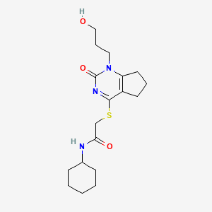 molecular formula C18H27N3O3S B2564271 N-环己基-2-((1-(3-羟基丙基)-2-氧代-2,5,6,7-四氢-1H-环戊[d]嘧啶-4-基)硫代)乙酰胺 CAS No. 899973-76-3