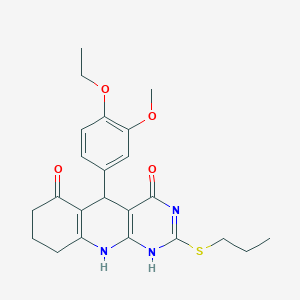 molecular formula C23H27N3O4S B256428 5-(4-ethoxy-3-methoxyphenyl)-2-propylsulfanyl-1,5,7,8,9,10-hexahydropyrimido[4,5-b]quinoline-4,6-dione 