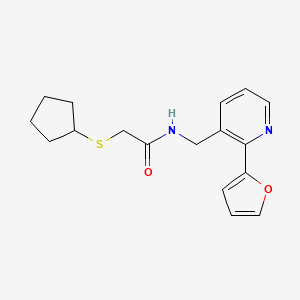 molecular formula C17H20N2O2S B2564283 2-(环戊基硫代)-N-((2-(呋喃-2-基)吡啶-3-基)甲基)乙酰胺 CAS No. 2034249-28-8