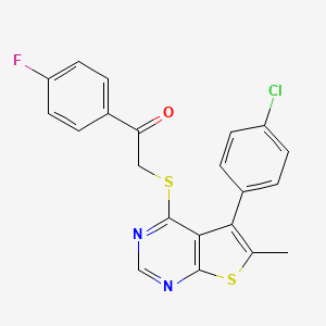 molecular formula C21H14ClFN2OS2 B2564338 2-((5-(4-氯苯基)-6-甲基噻吩并[2,3-d]嘧啶-4-基)硫代)-1-(4-氟苯基)乙酮 CAS No. 496027-99-7
