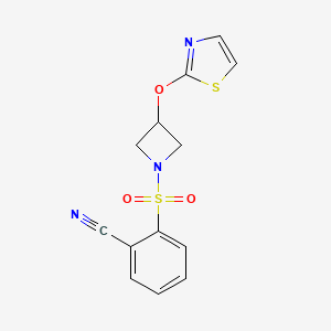 molecular formula C13H11N3O3S2 B2564355 2-((3-(Thiazol-2-yloxy)azetidin-1-yl)sulfonyl)benzonitrile CAS No. 1797560-01-0