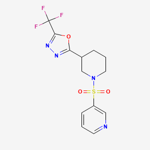 molecular formula C13H13F3N4O3S B2564416 2-(1-(Pyridin-3-ylsulfonyl)piperidin-3-yl)-5-(trifluoromethyl)-1,3,4-oxadiazole CAS No. 1396814-93-9