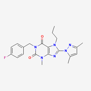 molecular formula C21H23FN6O2 B2564459 8-(3,5-dimethyl-1H-pyrazol-1-yl)-1-(4-fluorobenzyl)-3-methyl-7-propyl-1H-purine-2,6(3H,7H)-dione CAS No. 1013970-62-1