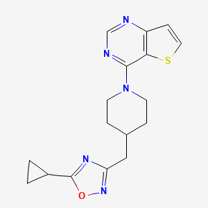 molecular formula C17H19N5OS B2564466 5-Cyclopropyl-3-[(1-thieno[3,2-d]pyrimidin-4-ylpiperidin-4-yl)methyl]-1,2,4-oxadiazole CAS No. 2411202-32-7