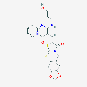 molecular formula C23H20N4O5S2 B256453 3-{[3-(1,3-benzodioxol-5-ylmethyl)-4-oxo-2-thioxo-1,3-thiazolidin-5-ylidene]methyl}-2-[(3-hydroxypropyl)amino]-4H-pyrido[1,2-a]pyrimidin-4-one 